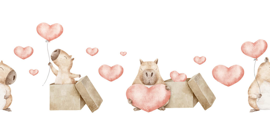 کپی‌باراها، جعبه هدیه، بادکنک‌ها و قلب‌های قرمز: بنر روز ولنتاین با جوندگان دوست‌داشتنی. نوار بدون ‌درز از خوکچه‌هندی با آبرنگ برای ۱۴ فوریه، پس‌زمینه، کارت‌ها و بسته‌بندی محصولات.