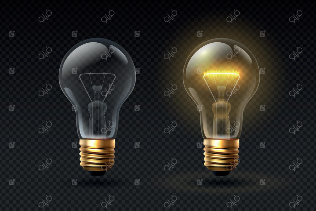 لامپ واقعی: روشن و خاموش شدن لامپ‌های شیشه‌ای با رشته‌ای. لامپ سه‌بعدی با افکت درخشش. مفهوم خلاقانه یا ایده تجاری در قالب وکتور