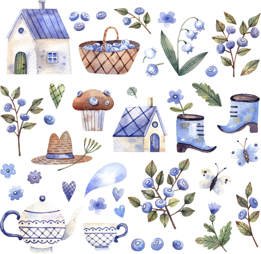 مجموعه‌ای از تصویرسازی‌های روستایی: خانه‌های کوچک، سبد توت‌ها، و فنجانی با گل‌ها