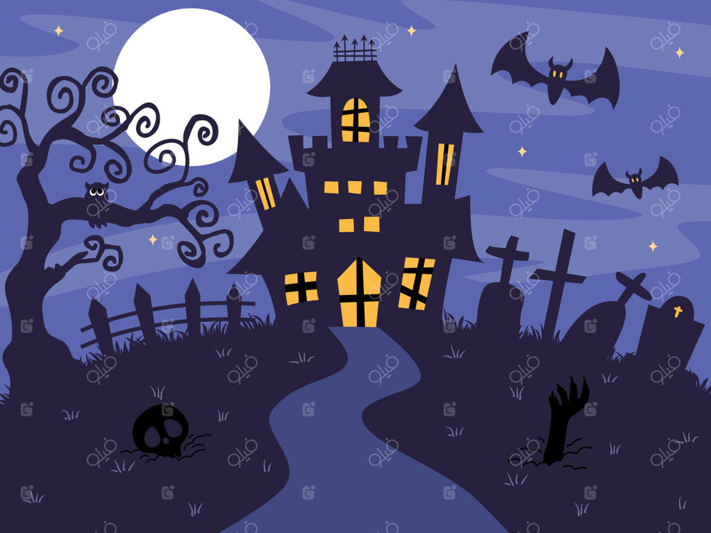 طرح پس‌زمینه یا بنر هالووین با قلعه، قبرستان و خفاش‌ها.
