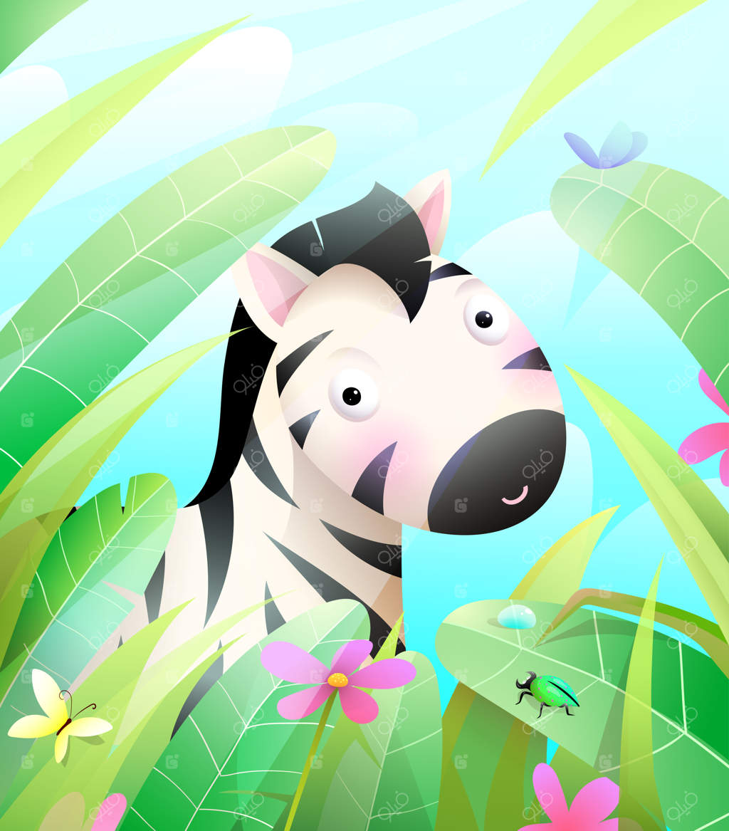 تصویر رنگارنگ و بامزه بچه گورخر در میان علف‌ها و برگ‌های ساوانا برای اتاق کودک