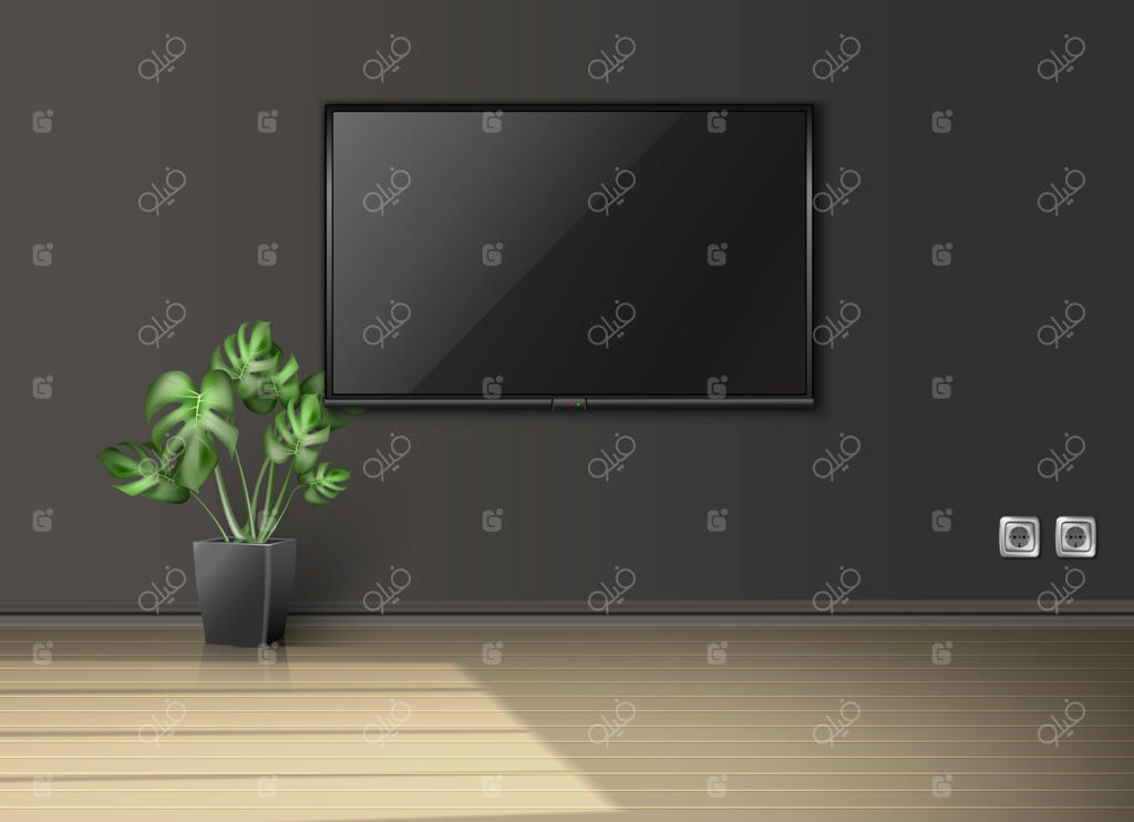 اتاق نشیمن خالی با صفحه‌ای روی دیوار و گلدانی سیاه با گیاه در نور خورشید.