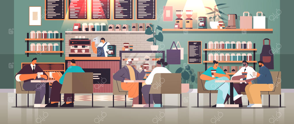 افرادی از نژادهای مختلف در جلسه‌ای در کافه، قهوه می‌نوشند و درباره کار صحبت می‌کنند