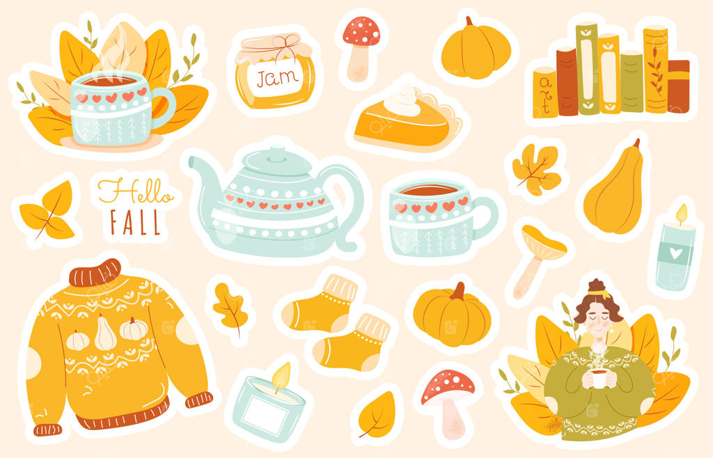 مجموعه‌ای از برچسب‌های پاییزی دنج با عناصر فصلی زیبا - کدو تنبل، برگ‌ها، لیوان چای یا قهوه، پای کدو، دختر با ژاکت گرم، قوری، سلام پاییز، قارچ‌ها، جوراب‌ها، کتاب‌ها و غیره