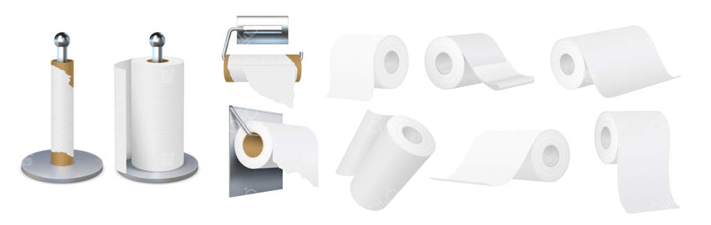پایه فلزی واقعی برای رول‌های دستمال توالت و حوله آشپزخانه. دستمال‌های بهداشتی سه‌بعدی. لوله قهوه‌ای خالی. مجموعه برداری از رول‌های دستمال روی آویزها