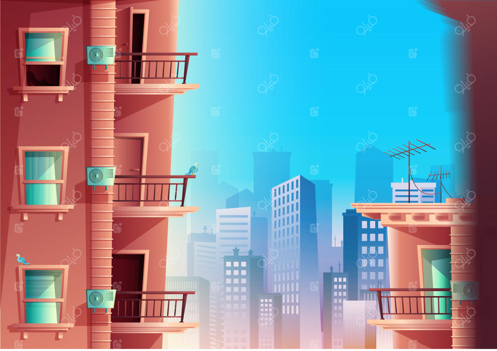 نمای کارتونی ساختمان از دید جانبی با بالکن‌ها و آسمان‌خراش‌ها در پس‌زمینه. ساختمان چند طبقه با پنجره‌ها و درها، سقف‌های خانه‌ها.