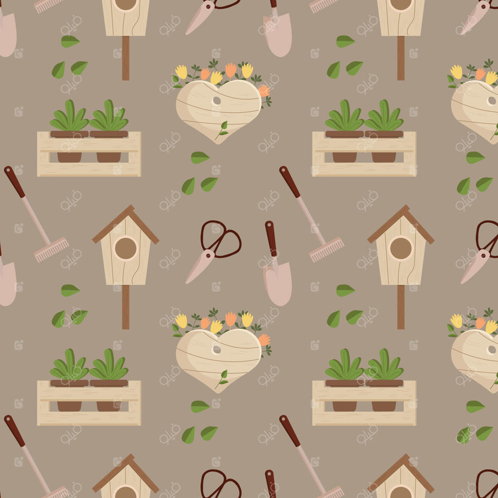 پترن بی‌وقفه: چرخ‌دستی باغ، بیل، شن‌کش، چکمه، دستکش، آب‌پاش، لانه پرنده. پس‌زمینه چاپ بهاری، وکتور