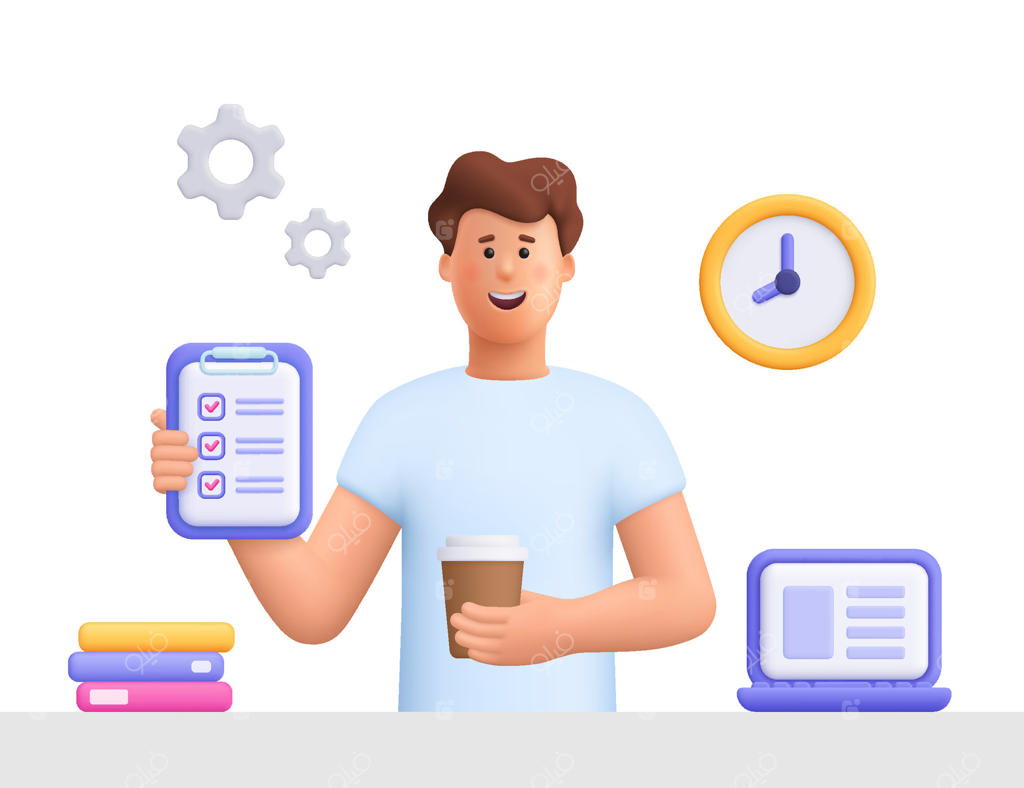 جیمز، مرد جوان و خندان، به‌عنوان فریلنسر در حال کار با لپ‌تاپ در خانه، فنجان قهوه و مدارک به‌دست. روال روزانه کاری. شخصیت کارتونی سه‌بعدی با سبک مینیمال.