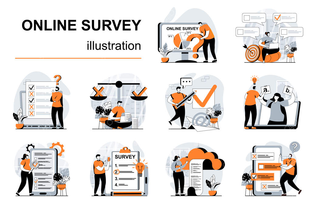 مفهوم نظرسنجی آنلاین با طرح های صحنه‌ای از افراد به سبک طراحی تخت، داستان های بصری وکتور