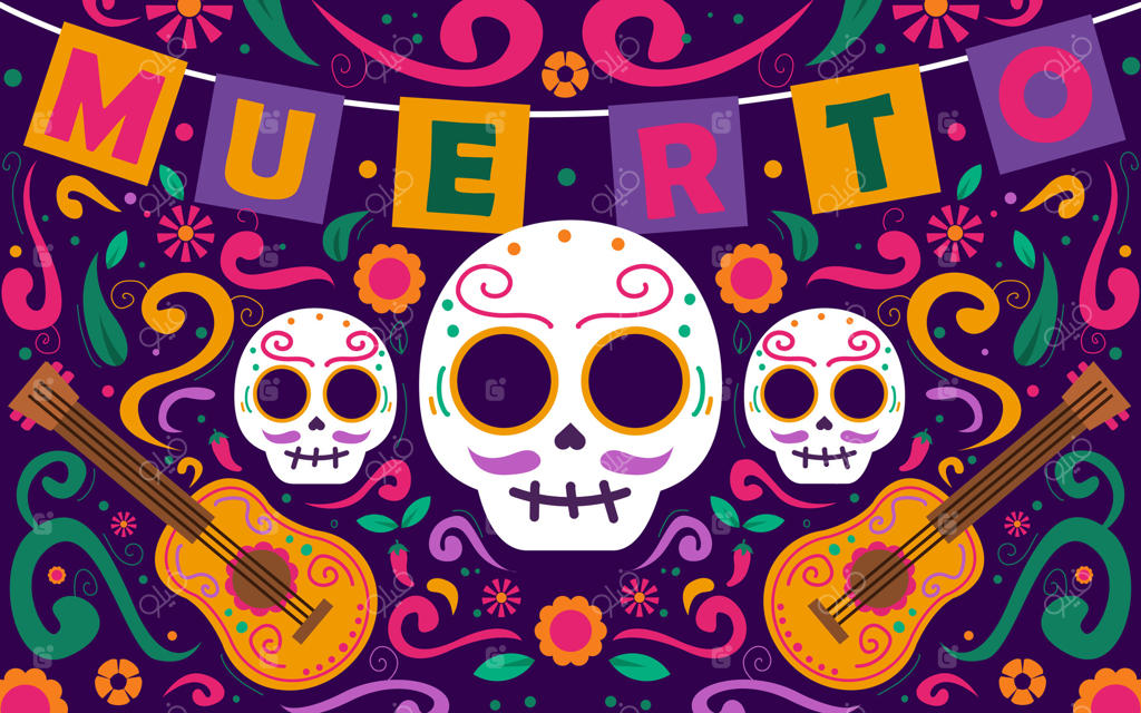 هنر زنده‌ی روز مردگان با جمجمه‌ها و گیتارها به صورت حرفه‌ای وکتور