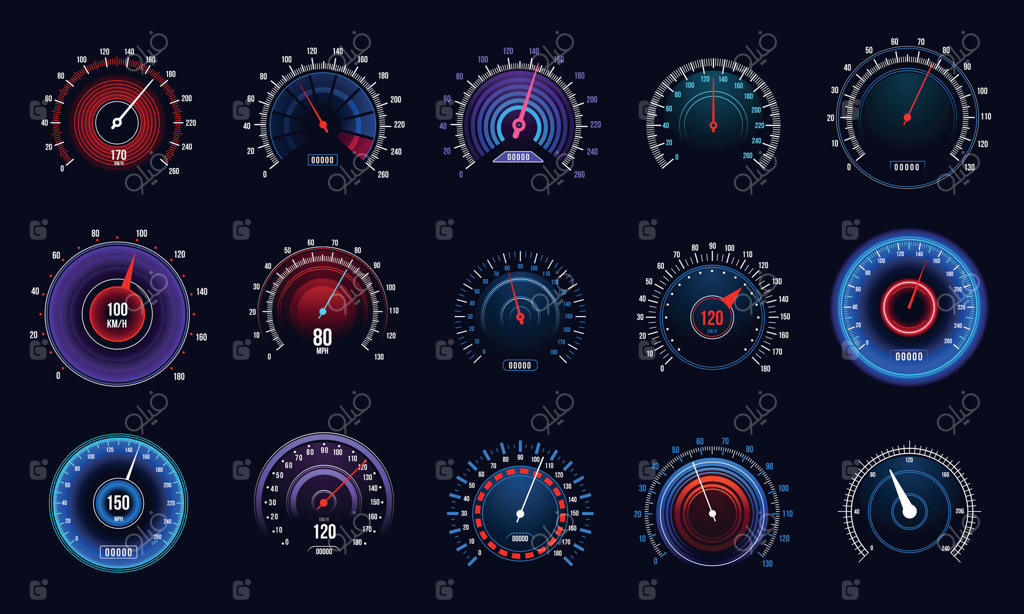 صفحه کیلومتر شمار خودرو: سرعت‌سنج، کیلومترشمار و دور موتور موتورسیکلت، شمارنده سرعت خودرو و تاکومتر. مجموعه نمایشگر خودرو به صورت وکتور