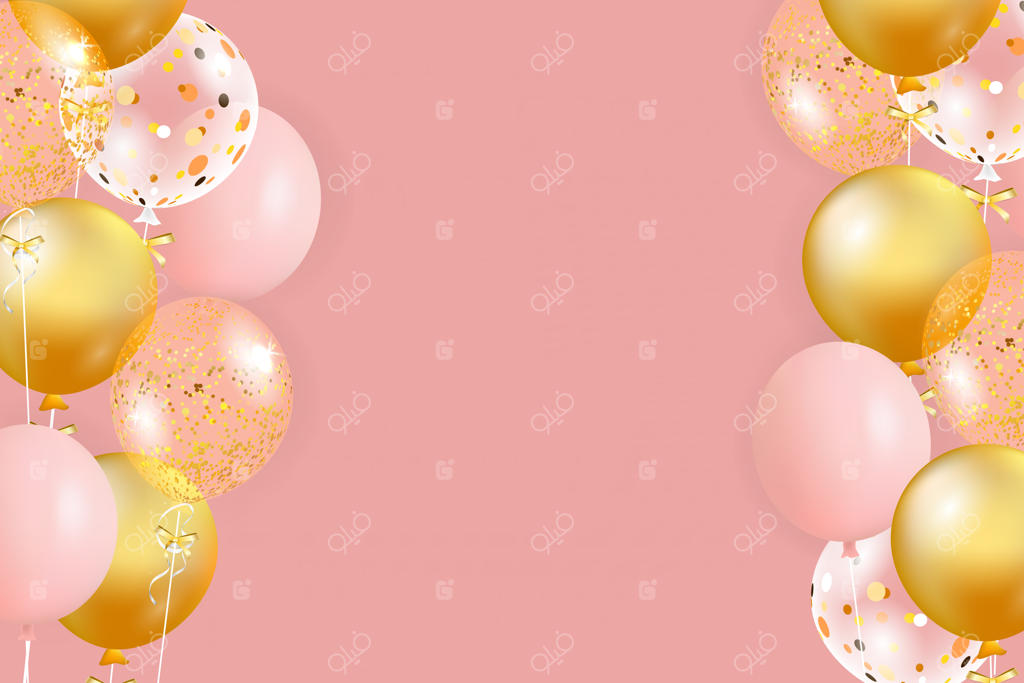 مجموعه‌ای از بادکنک‌های صورتی و طلایی با فضای خالی برای متن. جشن تولد، پوستر، بنر یا سالگرد شاد. عناصر طراحی تزئینی و واقعی. پس‌زمینه جشن با بادکنک‌های هلیومی.