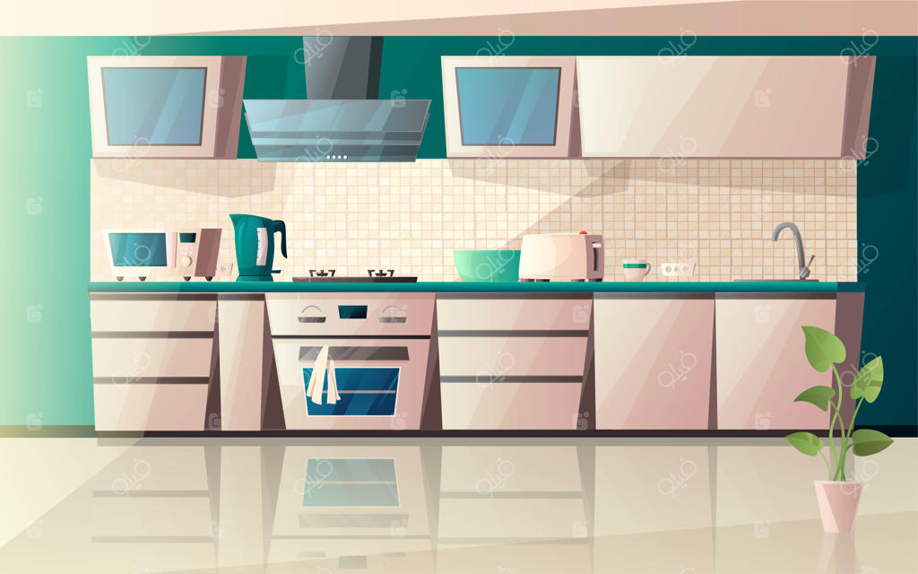 طراحی مدرن داخلی آشپزخانه با تجهیزات ویژه: مایکروویو، فر، هود، تستر، اجاق، کتری و گلدان گل روی زمین. تصویرسازی کارتونی.