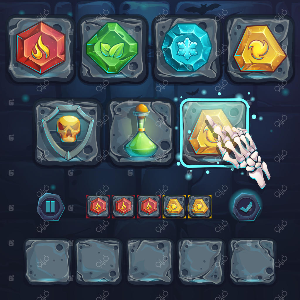 تنظیم آیکون‌ها و استخوان بازو روی دکمه‌های سنگی برای بازی‌ها، رابط کاربری و طراحی.