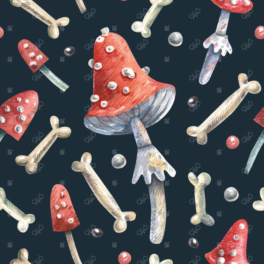پس‌زمینه آبرنگی پیوسته با قارچ آمانیتا و استخوان‌ها بر روی زمینه سفید.