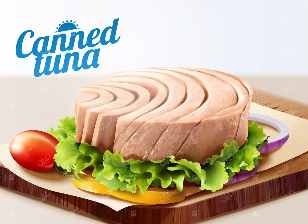 تن ماهی کنسروی با کاهو بر روی تخته گوشت‌خوری به سبک سه‌بعدی