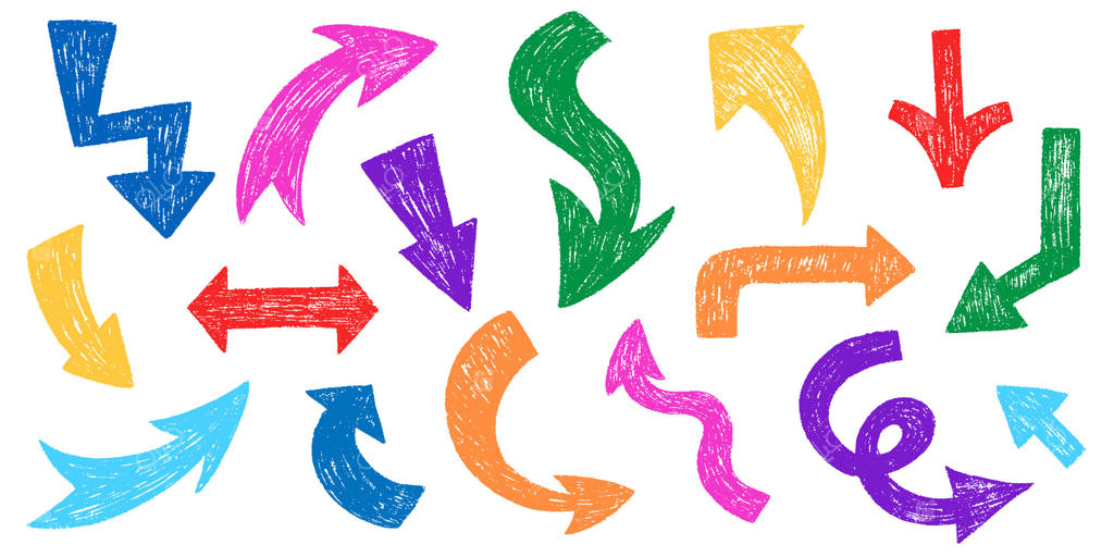 مجموعه پیکان های مداد شمعی رنگی. پیکان های پررنگ، خمیده و تاشده با خطوط پاستل و گچ. عناصر جهت‌سازی طراحی شده با سبک گرافیتی و طرح قدیمی.