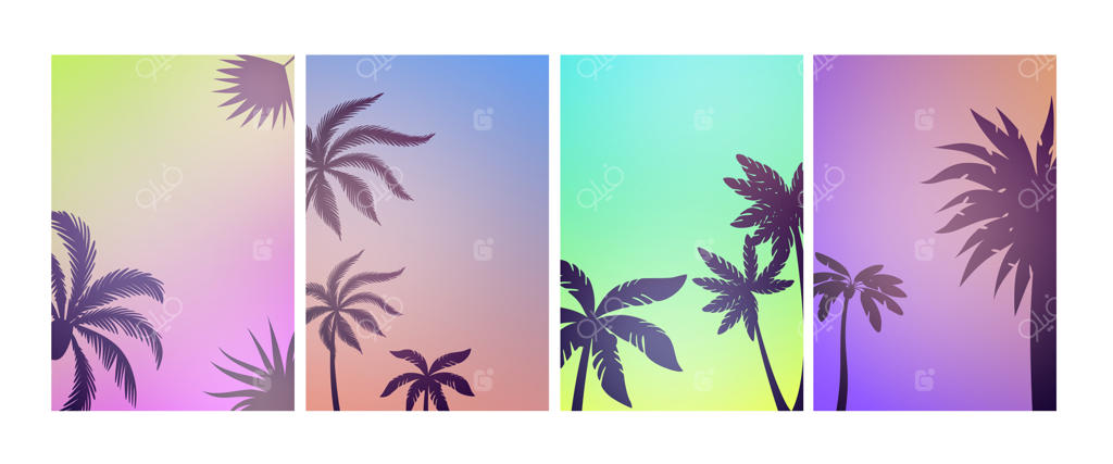 پوسترهای پالم بیچ: پس‌زمینه‌ی تابستانی، بنرهای درختان رنگارنگ. قالب وکتور برای مهمانی فصلی و بروشورهای خالی. تصویرسازی تعطیلات تابستانی با برگ‌های نخل.