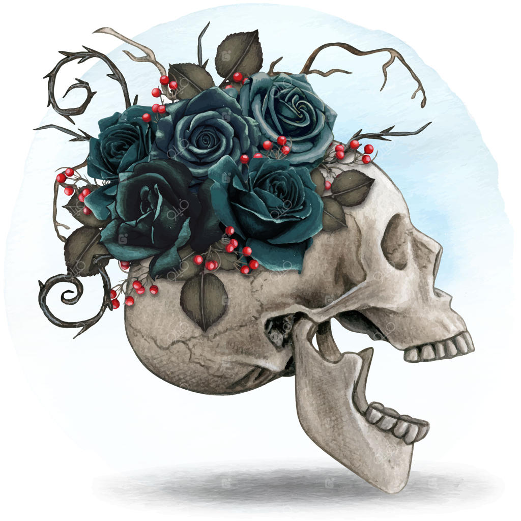 جمجمه هالووین با آبرنگ، تزئین شده با گل رز و برگ‌های خشک