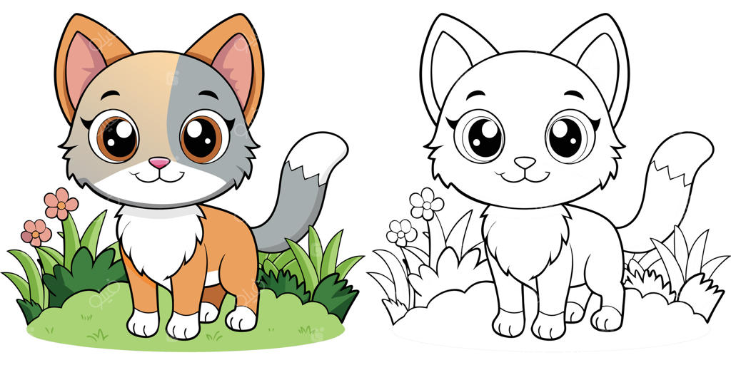 صفحه رنگ آمیزی بچه گربه بامزه برای کودکان - طرح کارتونی گربه کوچک در باغ