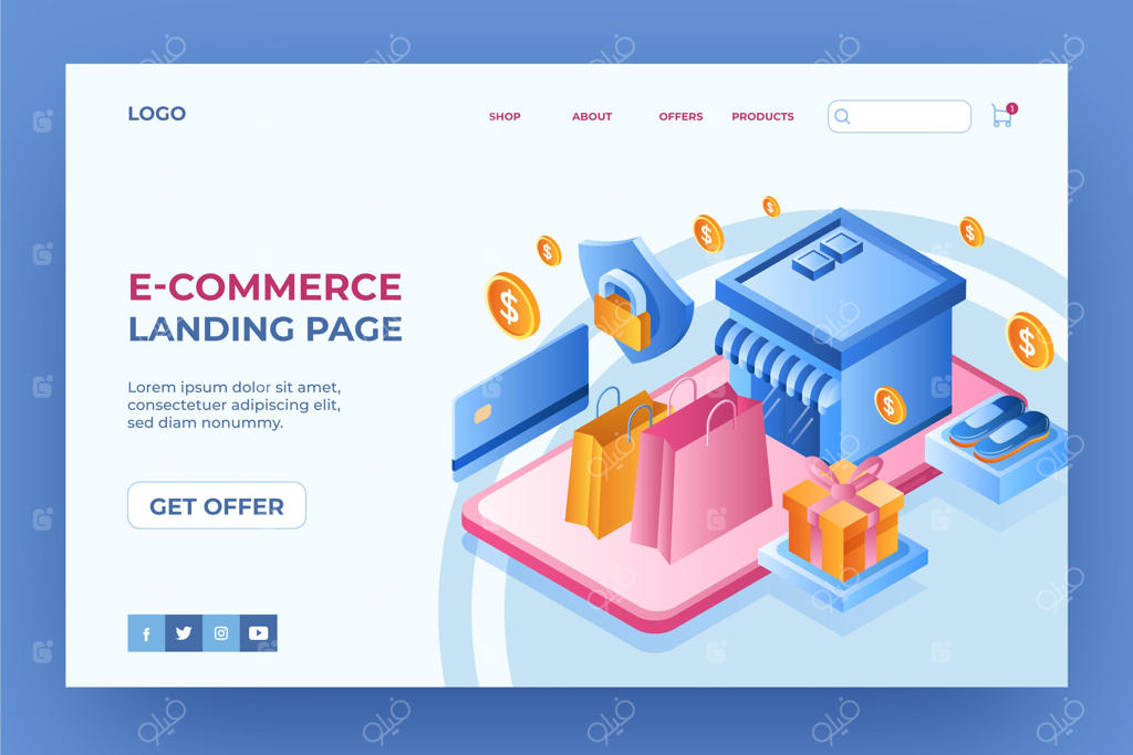 صفحه فرود ایزومتریک برای فروشگاه آنلاین و تجارت الکترونیک