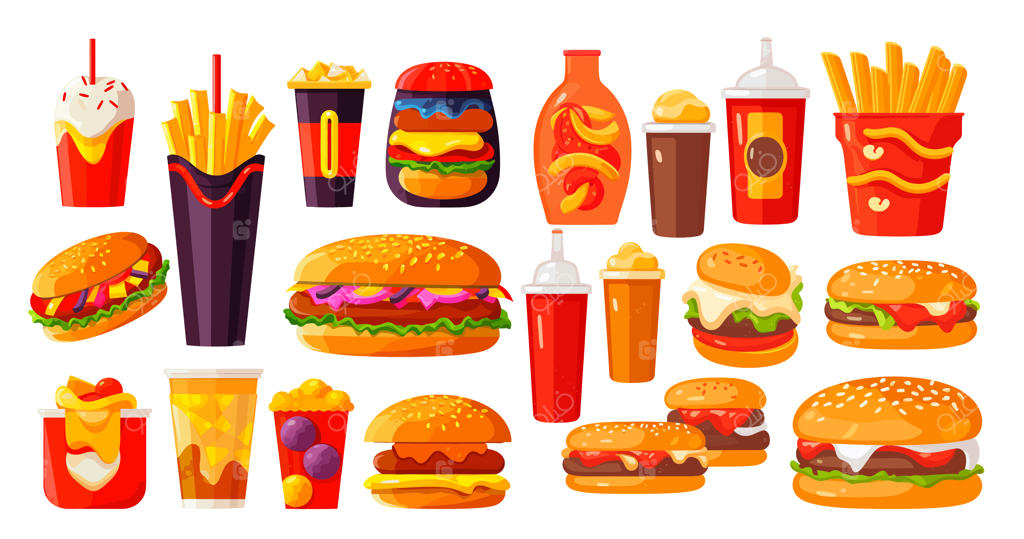 مجموعه وکتور فست فود شامل پیتزا، همبرگر، نوشابه و سیب‌زمینی سرخ‌کرده با پس‌زمینه سفید