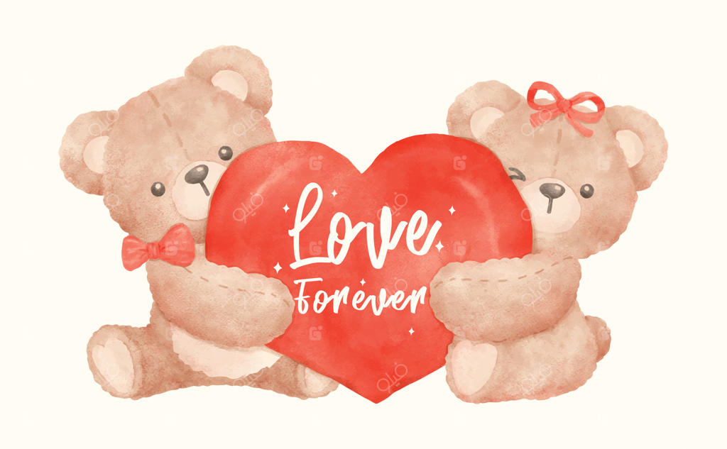 دو خرس عروسکی دلبند در سبک آبرنگ با قلب قرمز برای ولنتاین کلاسیک