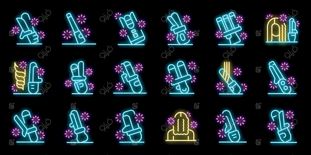 مجموعه آیکون‌های نئونی ابزار و محصولات آرایش مو: بابلیس، سشوار، اتوی مو، بافت مو، آیکون‌های آرایشگری