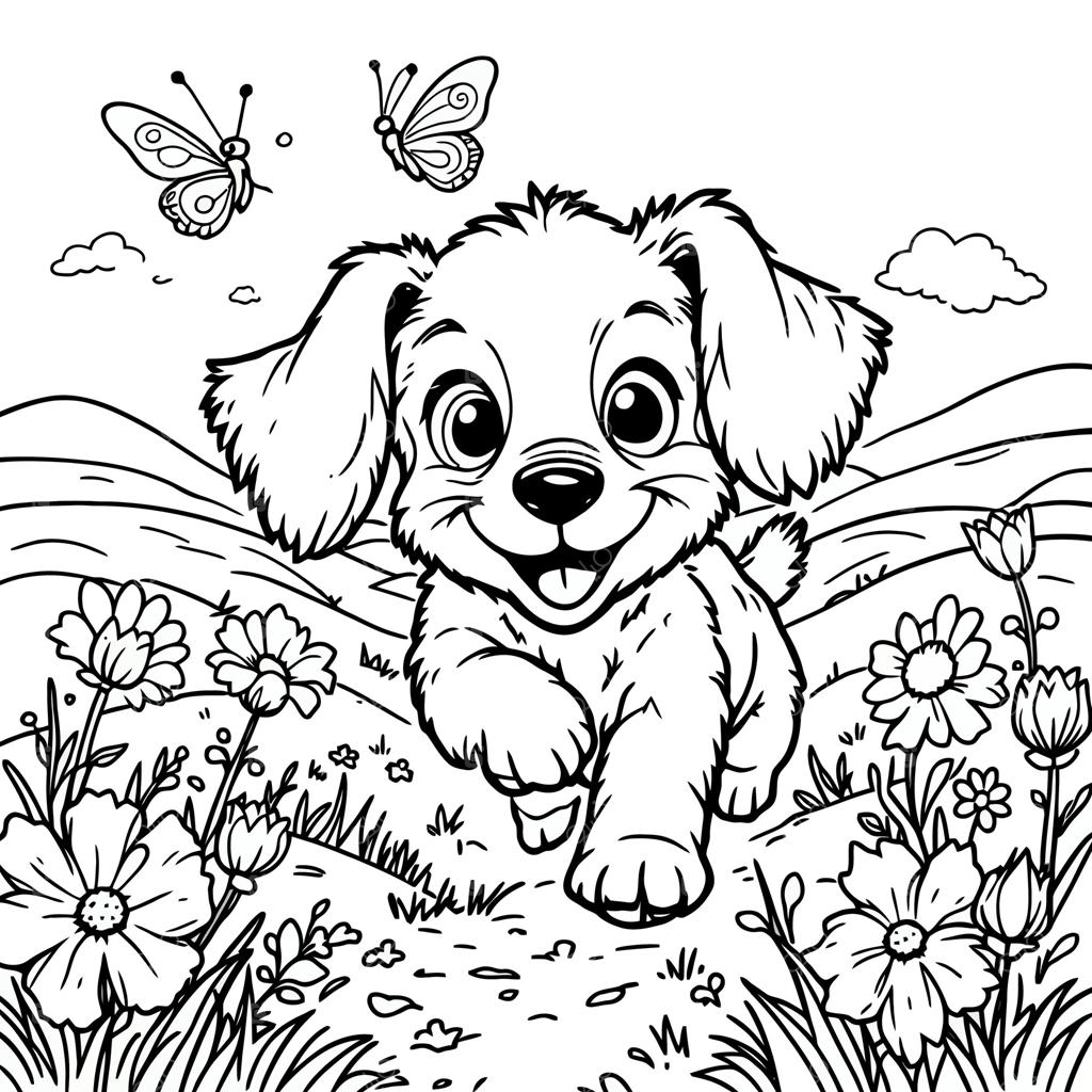 توله سگ پشمالوی دوست‌داشتنی در حال دویدن شادمان در میان چمنزار گل‌های وحشی با پروانه‌هایی که در روزی آفتابی اطرافش می‌پرند - مناسب برای رنگ‌آمیزی