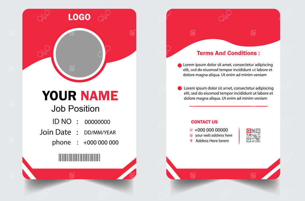 الگوی طراحی کارت شناسایی حرفه‌ای. الگوی کارت شناسایی کسب‌وکار مدرن و مرتب. با رنگ قرمز. الگوی طراحی کارت شناسایی مدرن شرکتی. الگوی کارت شناسایی کارمندان شرکت.