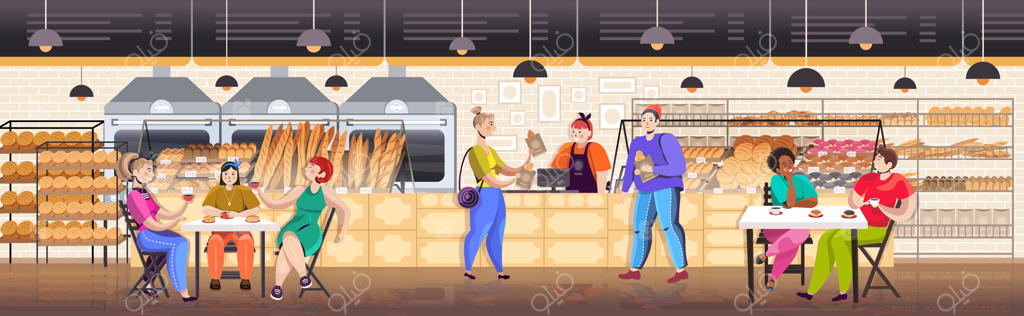 مردم دورگه در حال صبحانه در نانوایی: زنان و مردانی که نان تازه می‌خرند و می‌خورند - نمای داخلی رستوران