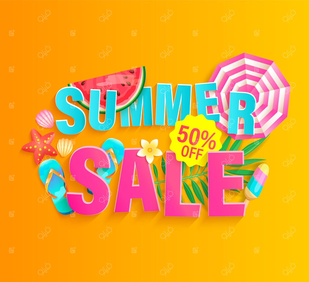 پوستر دعوتنامه فروش ویژه تابستان 2020 با تصویر بستنی هندوانه، چتر آفتابی، دمپایی و برگ‌های گرمسیری و تخفیف‌های بزرگ