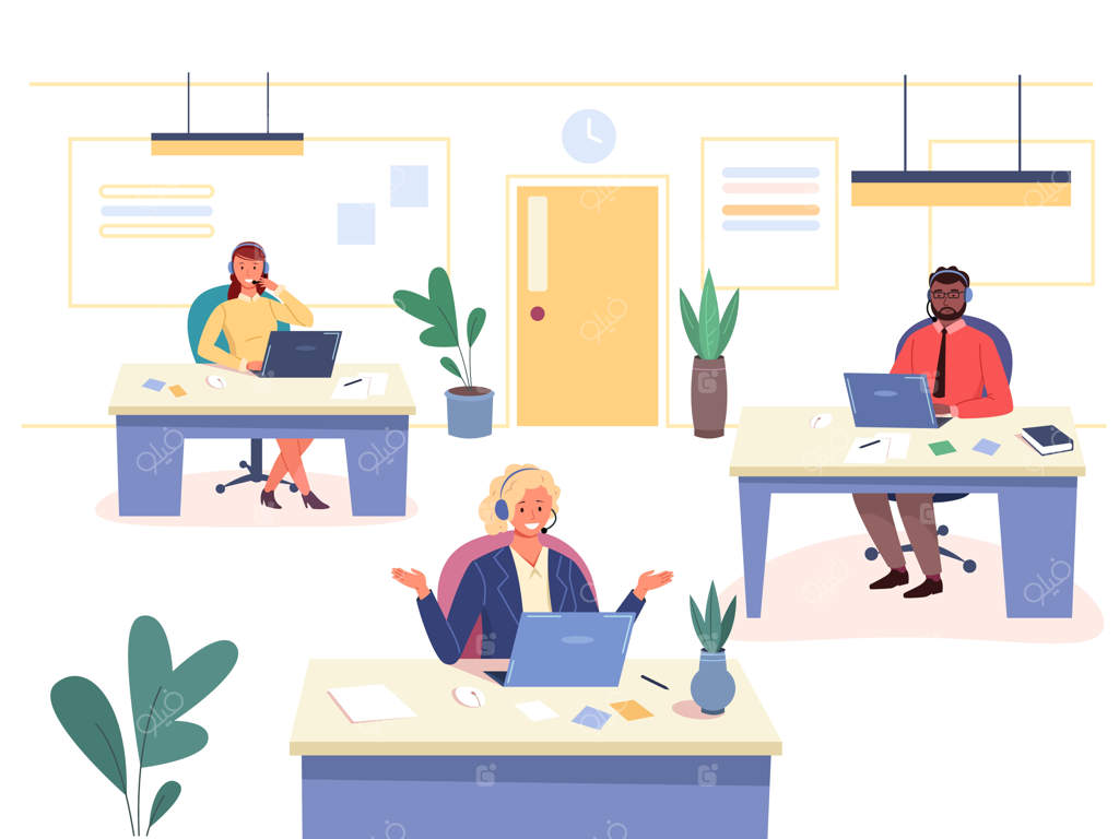 فضای داخلی دفتر مرکز تماس؛ کارکنان با هدست؛ کار در مرکز تماس؛ فضای کاری میز مشاوره و مدیریت تماس‌ها