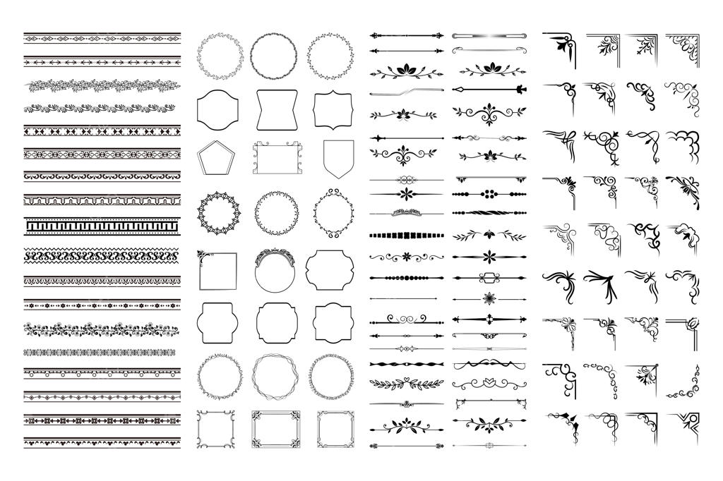 قاب، حاشیه، جداکننده، پیچک‌های گوشه و نگاره‌های تزیینی با طراحی دستی