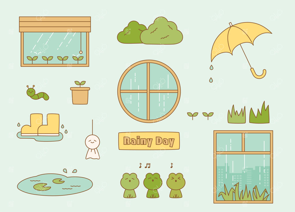 مجموعه‌ای از تصاویر بامزه برای روز بارانی طراحی به سبک فلت وکتور