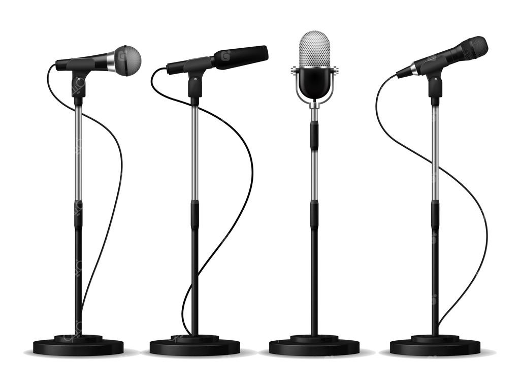 میکروفون‌های روی پایه: میکروفون‌های صحنه‌ای، میکروفون‌های استودیویی برای آواز با امکانات شمارشگر. مجموعه تجهیزات صوتی کنسرت