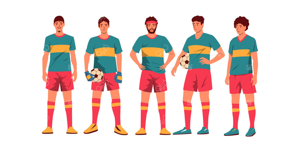 شخصیت‌های کارتونی بازیکنان تیم فوتبال: گروهی از مردان فعال در لباس‌های ورزشی با توپ‌های فوتبال، مجموعه‌ای از ورزشکاران در یونیفرم ورزشی