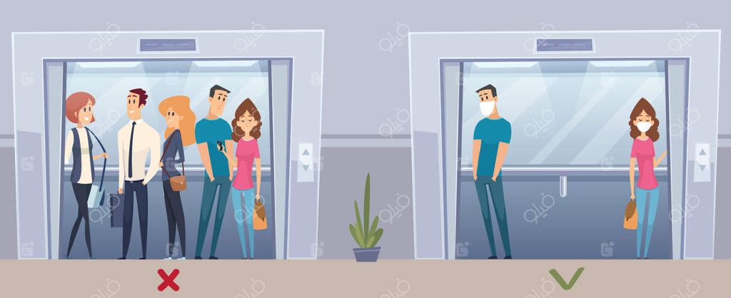 قوانین جدید استفاده از آسانسور: پیشگیری از ویروس و آنفلوآنزا، جلوگیری از شلوغی و ماسک در چهره. مفهوم فاصله‌گذاری در آسانسور و حفاظت اجتماعی.
