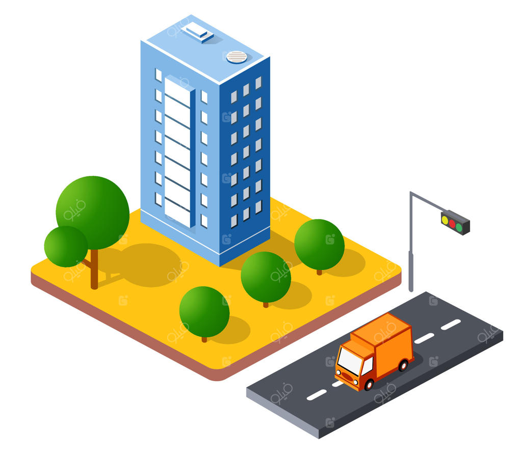 تصویرسازی سه‌بعدی ایزومتریک از نمای بالای کلان‌شهر، زیرساخت‌های شهری، خیابان‌های مدرن و معماری ساختمان‌های متنوع