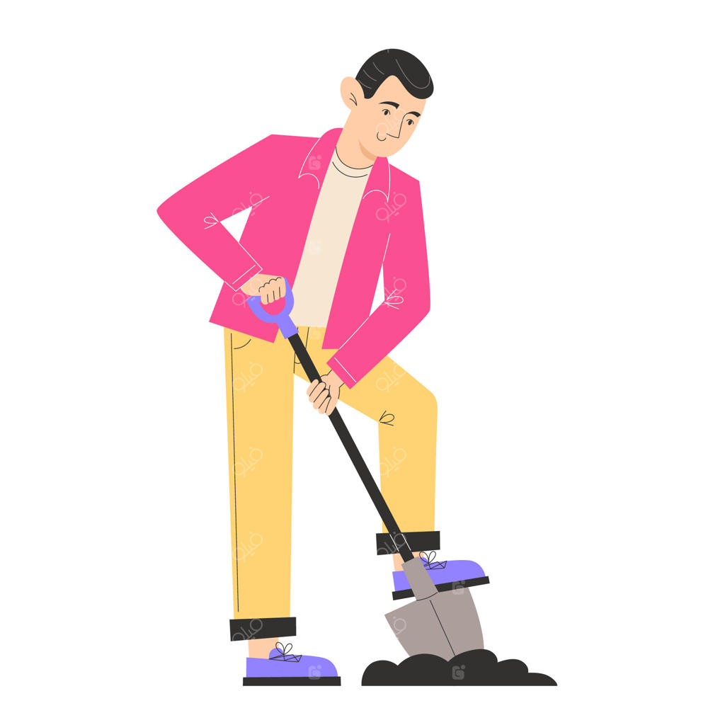 جوانی با لباس باغبانی زمین را با بیل می‌کند