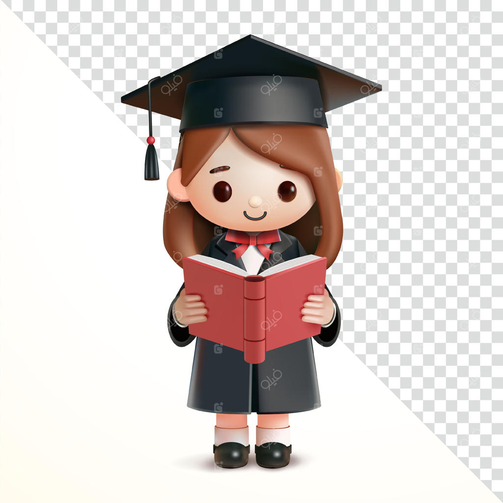 زن فارغ‌التحصیل در حال مطالعه کتاب، سه‌بعدی. مناسب برای رویدادها و آموزش