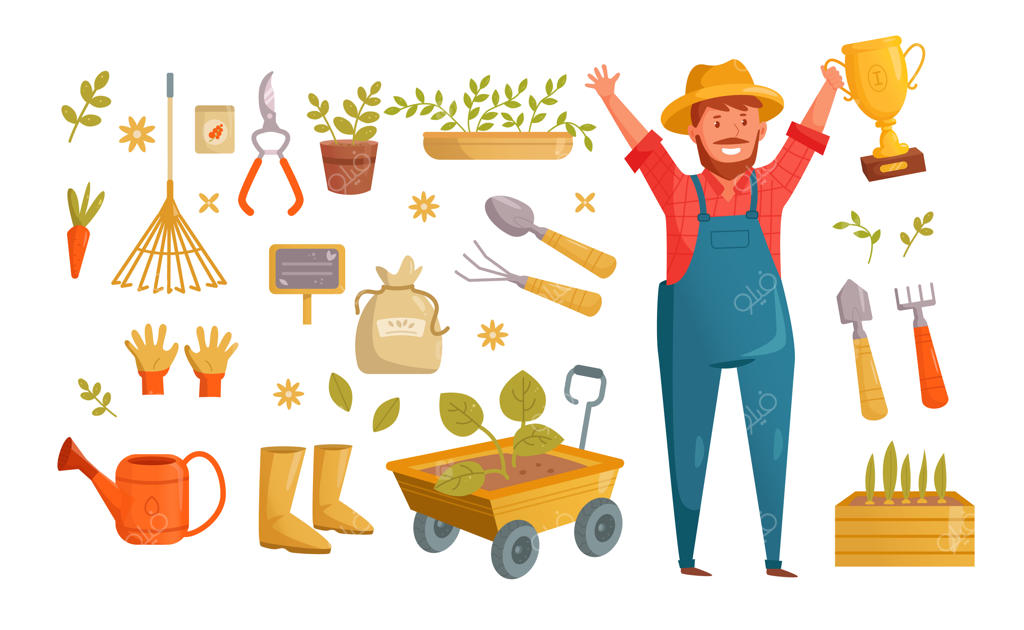 شخصیت کارتونی کشاورز با ابزارها به صورت وکتور. باغبان خوشحال با جام طلا یا تندیس رتبه اول، ابزارهای کشاورزی روی پس‌زمینه سفید. مفهوم باغبانی و کشاورزی