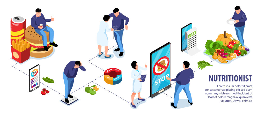 مجموعه اینفوگرافیک ایزومتریک متخصص تغذیه