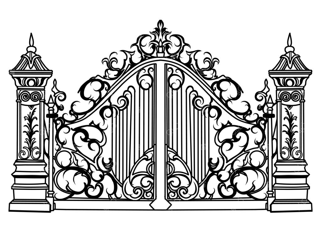 درب فلزی عتیقه: طرح سیاه و سفید درب‌های باغ از آهن فرفورژه.