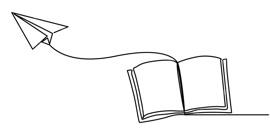 تصویر خطی کتاب با هواپیمای کاغذی در حال پرواز، نماد آموزشی - تصویر برداری