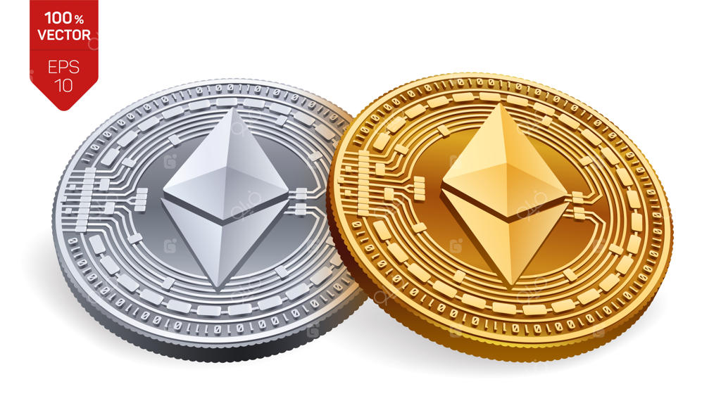 سکه های طلایی و نقره‌ای رمزارز با نماد اتریوم بر روی زمینه سفید