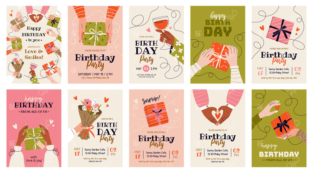 مجموعه ۱۰ کارت تبریک تولد و دعوتنامه مهمانی. قالب‌های شاد و رنگارنگ برای جشن سالگرد با متن و آرزوها. دستان زنانه با جعبه هدیه، دسته گل و لیوان شراب.