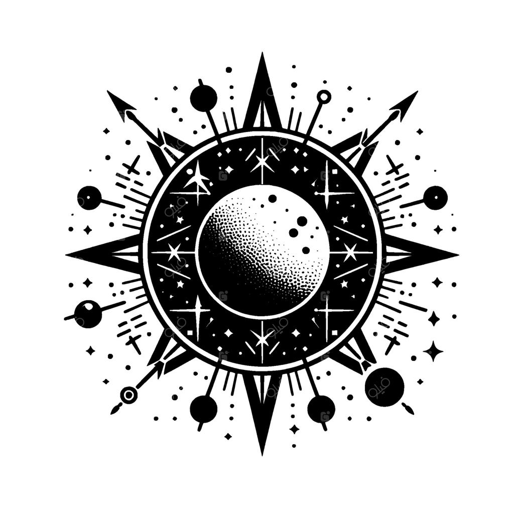 طرح سیاه و سفید پیچیده با ماه، ستاره‌ها، پیکان‌ها و عناصر هندسی. زیبایی عرفانی.