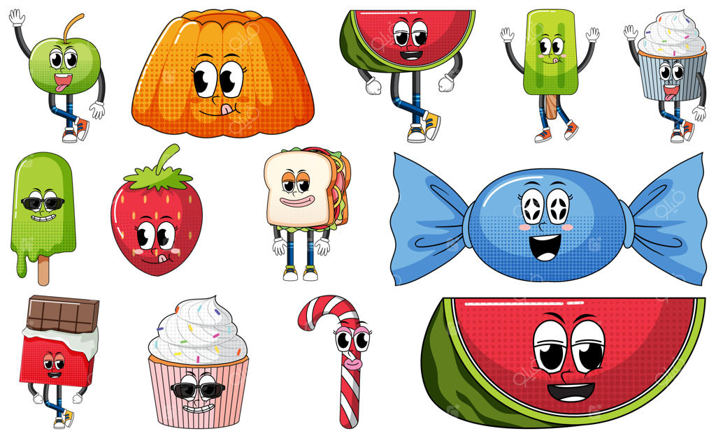 مجموعه‌ای از حالت‌های صورت در سبک کارتون کلاسیک غذایی روی پس‌زمینه سفید