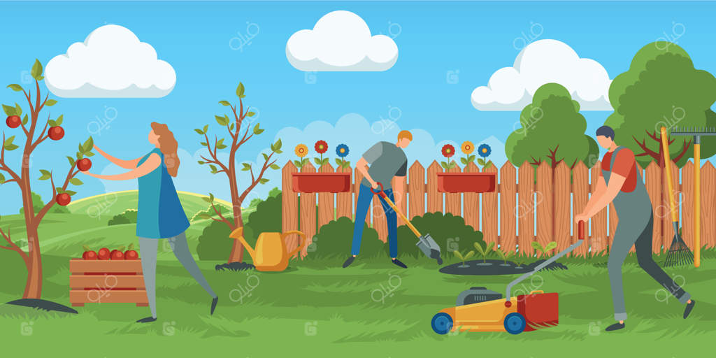 افرادی که در باغ کار می‌کنند. زنی سیب‌ها را از درخت جمع کرده و در ظرف می‌گذارد. مردی با ماشین چمن‌زن چمن می‌زند.